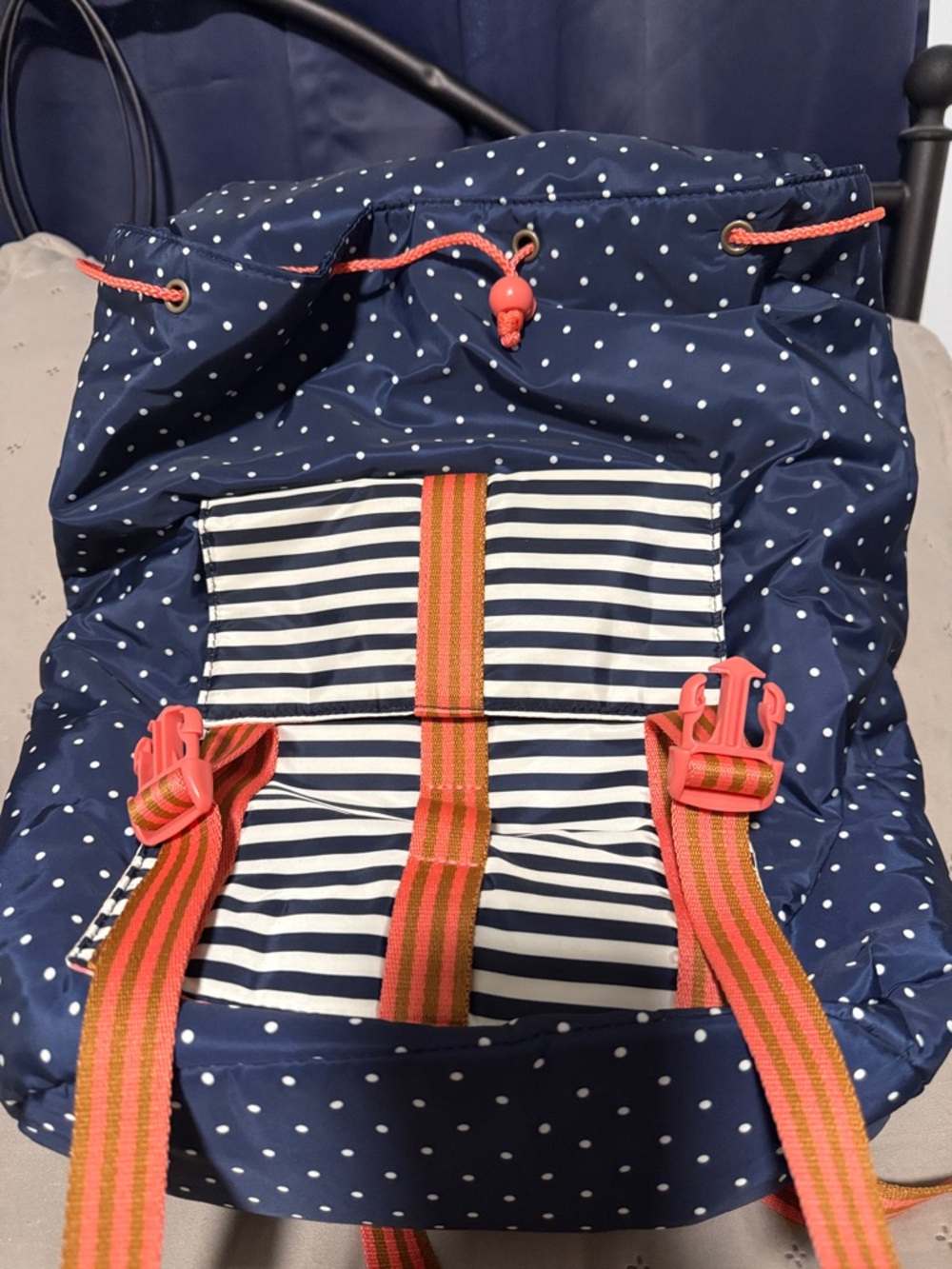 Matilda Jane Navy Blue Polka Dot Drawstring Backpack with Coral Straps